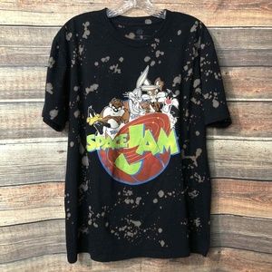 Space Jam Unisex Size Large Navy Blue Bleached Bleach Splatter Graphic Tee
